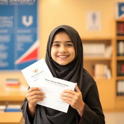 A young girl in a traditional Iranian chador, happily celebrating her acceptance into Tehran University of Medical Sciences