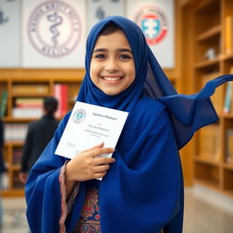 A young girl in a traditional Iranian chador, happily celebrating her acceptance into Tehran University of Medical Sciences