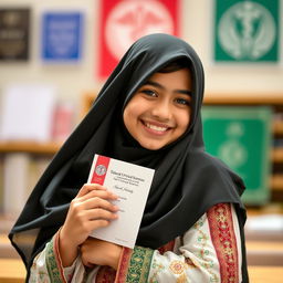 A young girl in a traditional Iranian chador, happily celebrating her acceptance into Tehran University of Medical Sciences