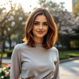 A stylish and attractive Russian woman aged 35 to 45, showcasing a fashionable shoulder-length hairstyle that beautifully suits her