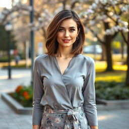 A stylish and attractive Russian woman aged 35 to 45, showcasing a fashionable shoulder-length hairstyle that beautifully suits her