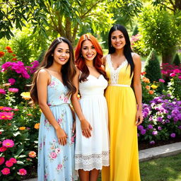 A group of three elegant women standing together in a lush garden