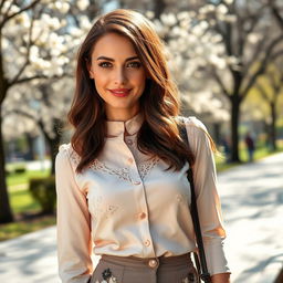 A stylish and attractive Russian woman aged 35 to 45, featuring a fashionable shoulder-length hairstyle