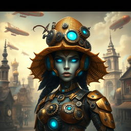 A female warforged character in a steampunk universe, wearing a stylish straw hat adorned with gears and cogs