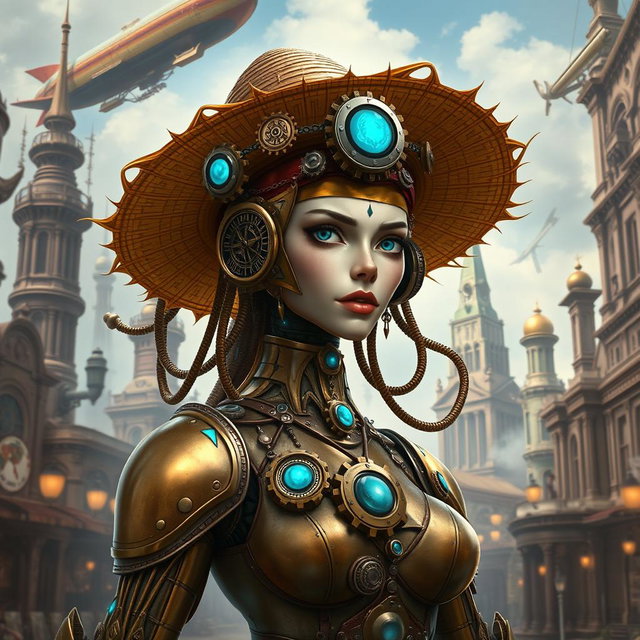 A female warforged character in a steampunk universe, wearing a stylish straw hat adorned with gears and cogs