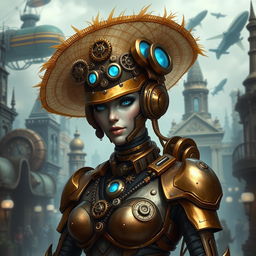 A female warforged character in a steampunk universe, wearing a stylish straw hat adorned with gears and cogs