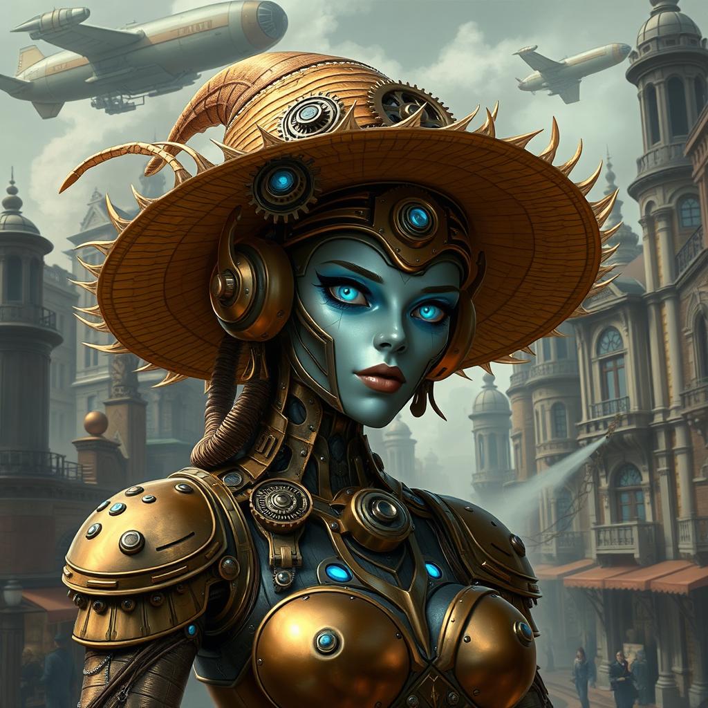 A female warforged character in a steampunk universe, wearing a stylish straw hat adorned with gears and cogs