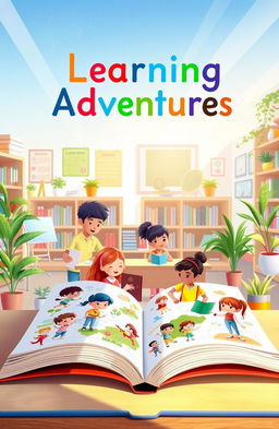 A beautifully designed education book cover, featuring an open book with vibrant illustrations of diverse students engaged in learning activities