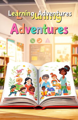 A beautifully designed education book cover, featuring an open book with vibrant illustrations of diverse students engaged in learning activities