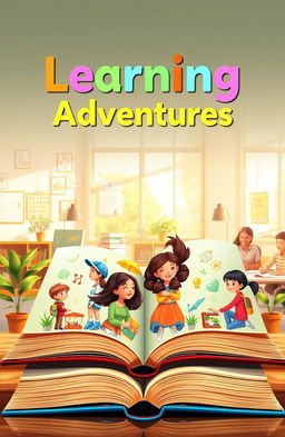 A beautifully designed education book cover, featuring an open book with vibrant illustrations of diverse students engaged in learning activities