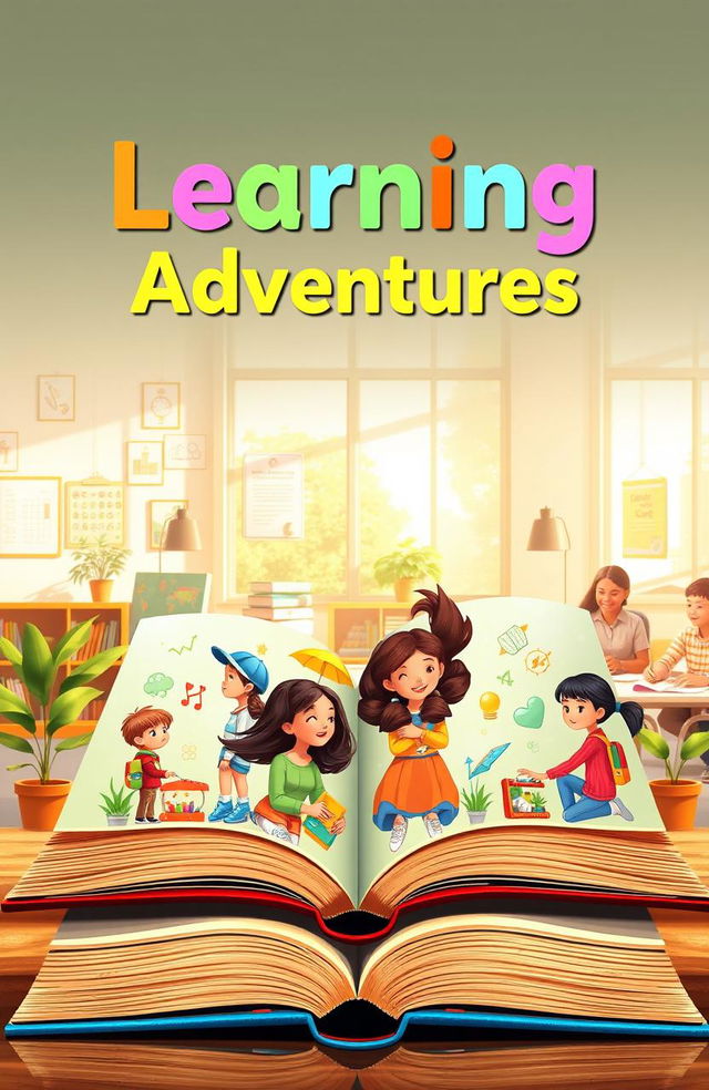 A beautifully designed education book cover, featuring an open book with vibrant illustrations of diverse students engaged in learning activities