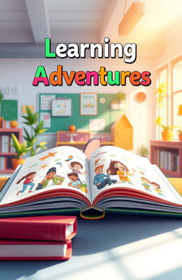 A beautifully designed education book cover, featuring an open book with vibrant illustrations of diverse students engaged in learning activities