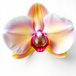 A realistic large orchid flower in full bloom, showcasing its vivid colors and intricate details, placed against a pure white background