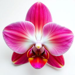 A realistic large orchid flower in full bloom, showcasing its vivid colors and intricate details, placed against a pure white background