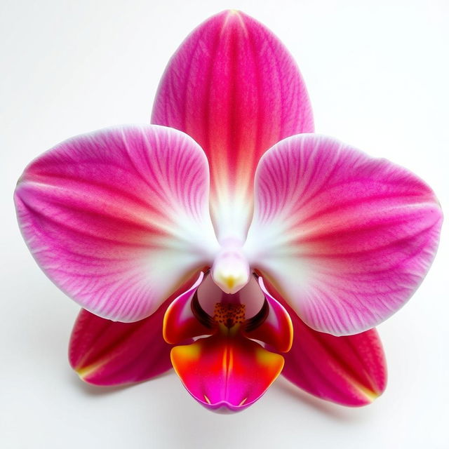 A realistic large orchid flower in full bloom, showcasing its vivid colors and intricate details, placed against a pure white background