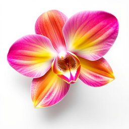 A realistic large orchid flower in full bloom, showcasing its vivid colors and intricate details, placed against a pure white background