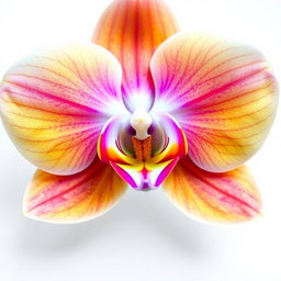 A realistic large orchid flower in full bloom, showcasing its vivid colors and intricate details, placed against a pure white background
