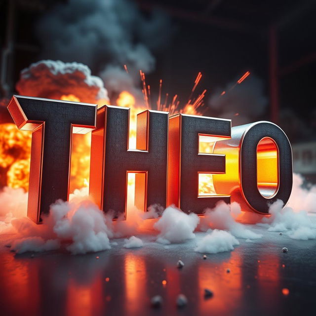 A stunning 3D representation of the word 'THEO' designed in an action movie style