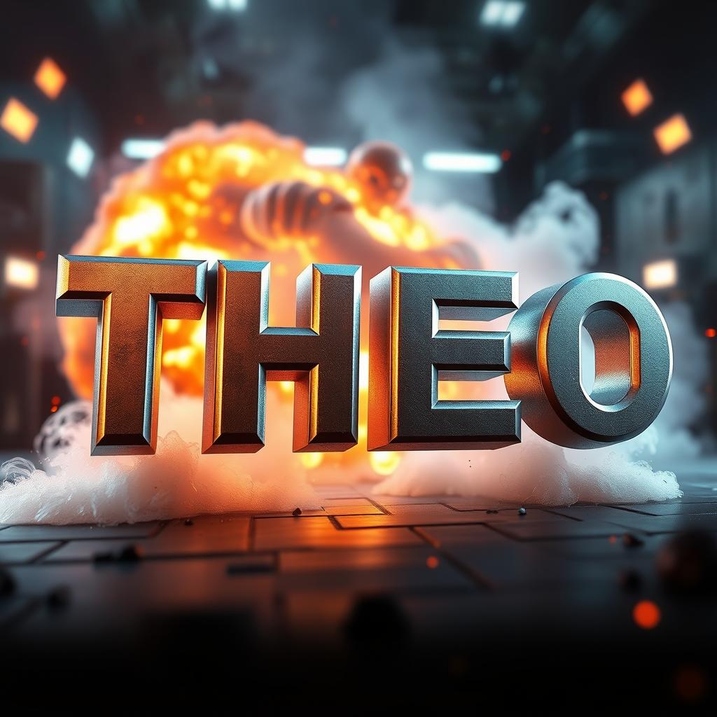 A stunning 3D representation of the word 'THEO' designed in an action movie style