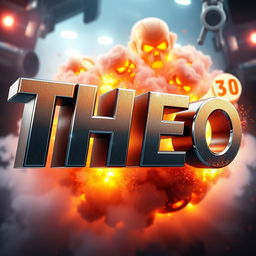 A stunning 3D representation of the word 'THEO' designed in an action movie style