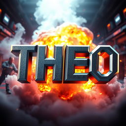 A stunning 3D representation of the word 'THEO' designed in an action movie style