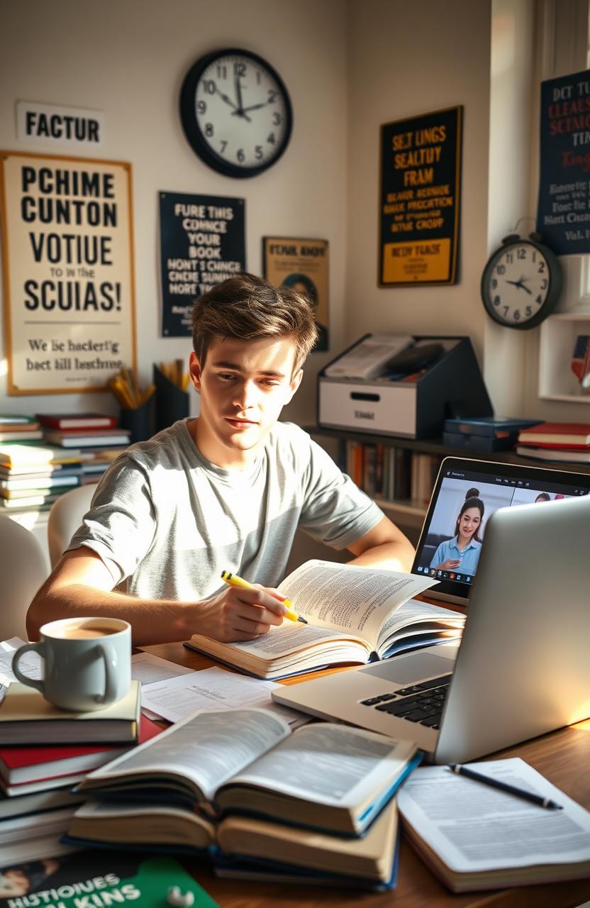 A student sitting at a desk filled with books and notebooks, studying for their Abitur English exam