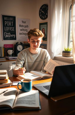 A student sitting at a desk filled with books and notebooks, studying for their Abitur English exam