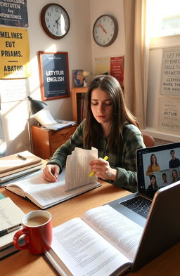 A student sitting at a desk filled with books and notebooks, studying for their Abitur English exam