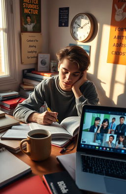 A student sitting at a desk filled with books and notebooks, studying for their Abitur English exam