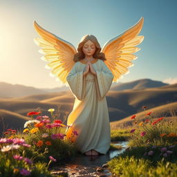 A striking image of a peaceful guardian angel figure standing in a lush, serene landscape bathed in soft, golden light