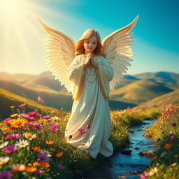 A striking image of a peaceful guardian angel figure standing in a lush, serene landscape bathed in soft, golden light