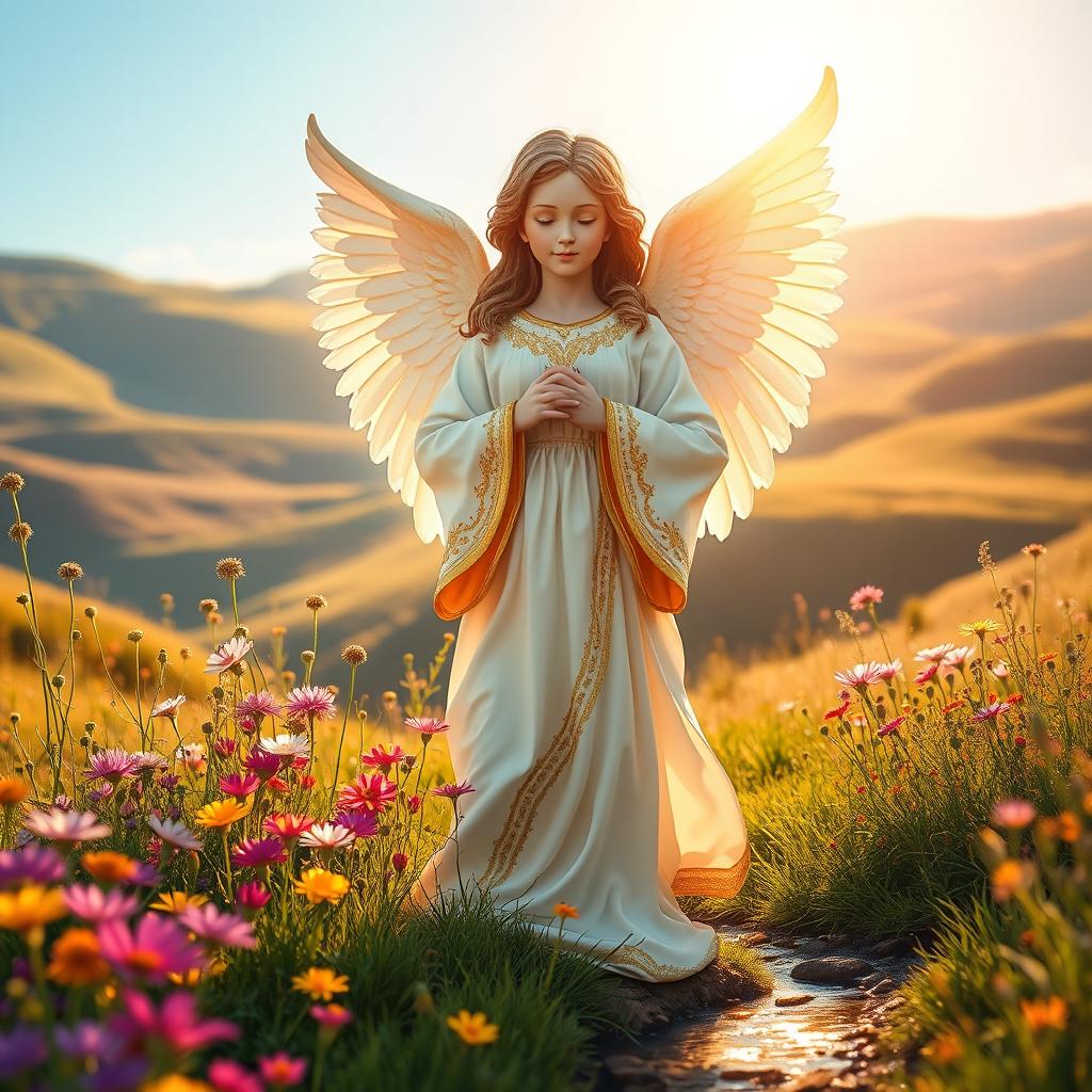 A striking image of a peaceful guardian angel figure standing in a lush, serene landscape bathed in soft, golden light