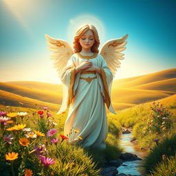 A striking image of a peaceful guardian angel figure standing in a lush, serene landscape bathed in soft, golden light