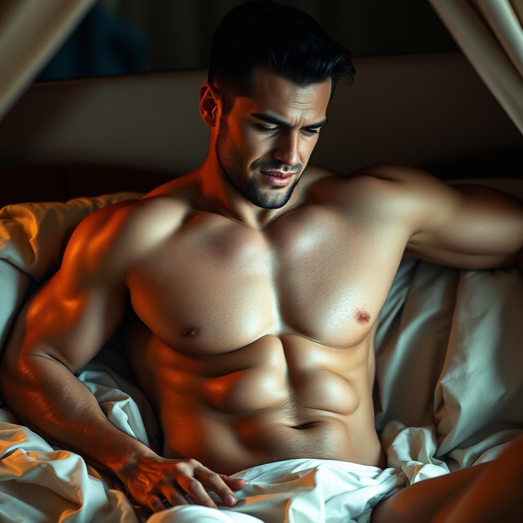 A muscular, handsome man in an intimate and sensual setting, engaging in self-pleasure, exuding confidence and desire