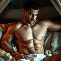 A muscular, handsome man in an intimate and sensual setting, engaging in self-pleasure, exuding confidence and desire