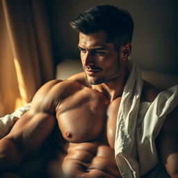 A muscular, handsome man in an intimate and sensual setting, engaging in self-pleasure, exuding confidence and desire