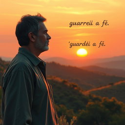 A serene and reflective scene depicting a beautiful, tranquil landscape where the last words of Paulo, 'guardei a fé', resonate through the soft breeze