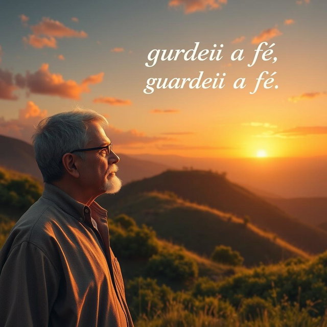 A serene and reflective scene depicting a beautiful, tranquil landscape where the last words of Paulo, 'guardei a fé', resonate through the soft breeze