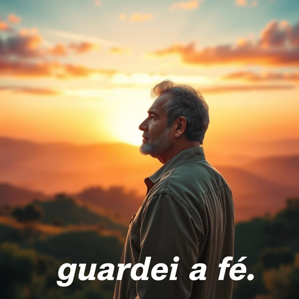 A serene and reflective scene depicting a beautiful, tranquil landscape where the last words of Paulo, 'guardei a fé', resonate through the soft breeze