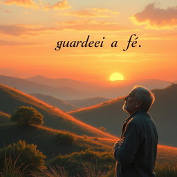 A serene and reflective scene depicting a beautiful, tranquil landscape where the last words of Paulo, 'guardei a fé', resonate through the soft breeze