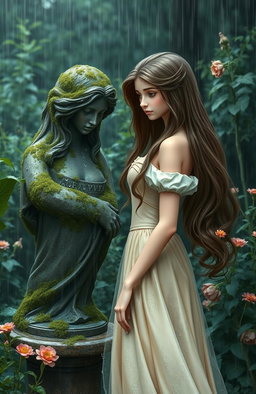 A beautiful princess with flowing, long hair dressed in an elegant gown, standing in a rainy garden
