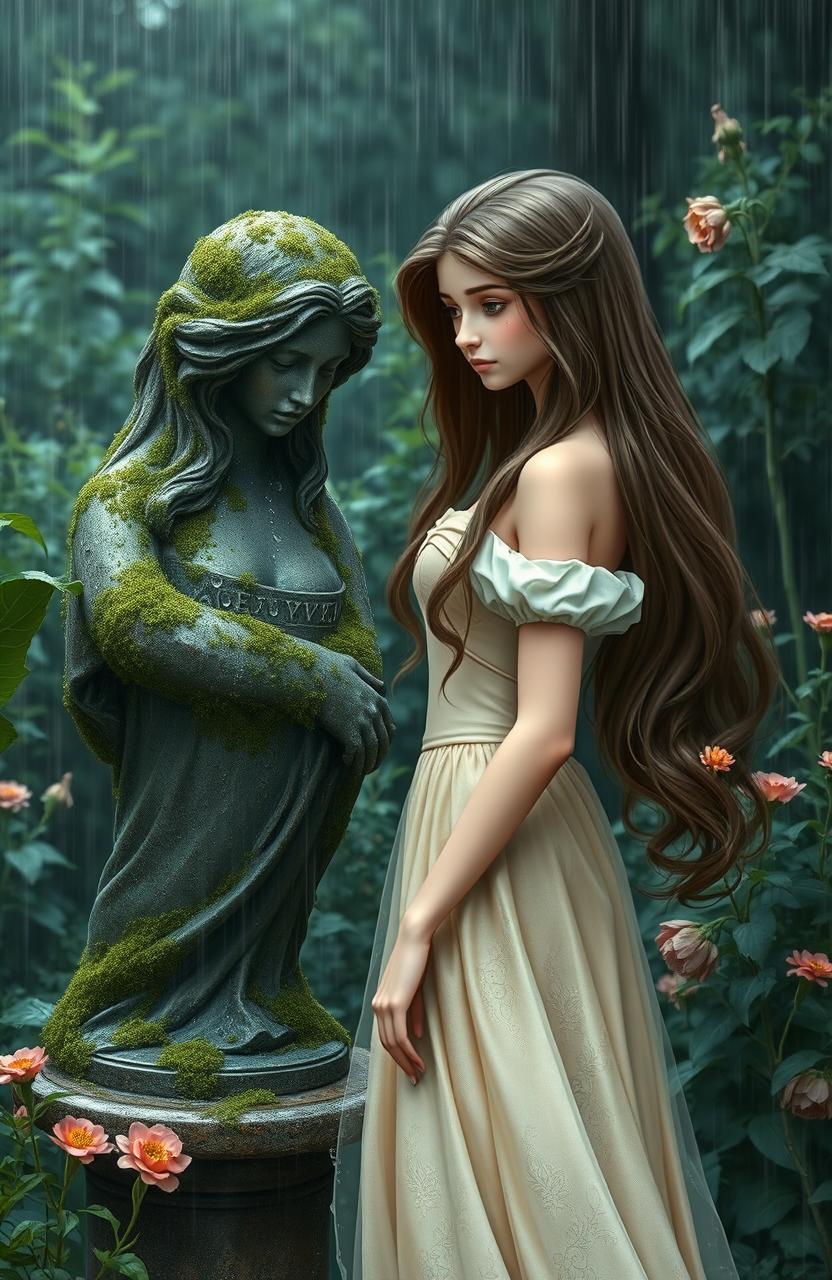 A beautiful princess with flowing, long hair dressed in an elegant gown, standing in a rainy garden