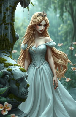 A beautiful princess with flowing, long hair dressed in an elegant gown, standing in a rainy garden