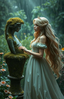 A beautiful princess with flowing, long hair dressed in an elegant gown, standing in a rainy garden