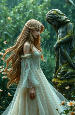 A beautiful princess with flowing, long hair dressed in an elegant gown, standing in a rainy garden