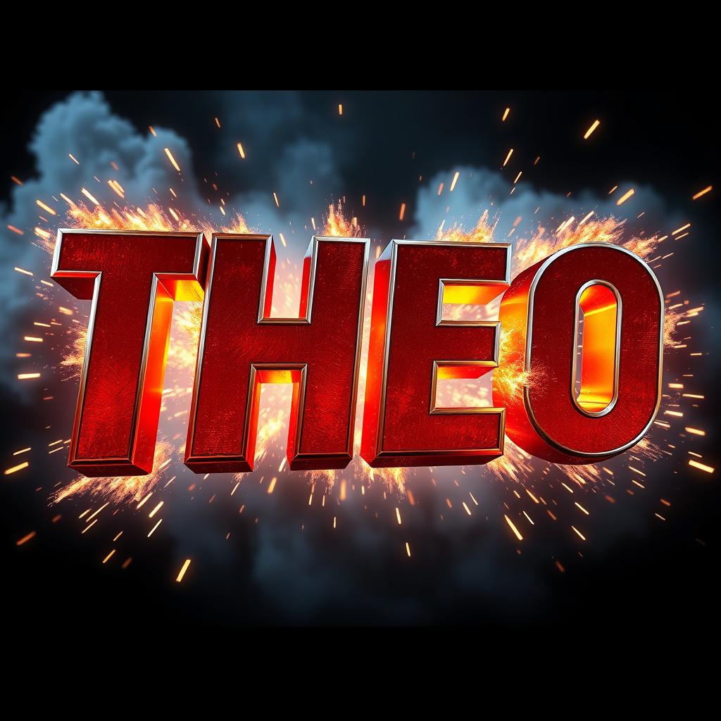 A stunning 3D representation of the word 'THEO', designed to look like it came straight out of an action movie