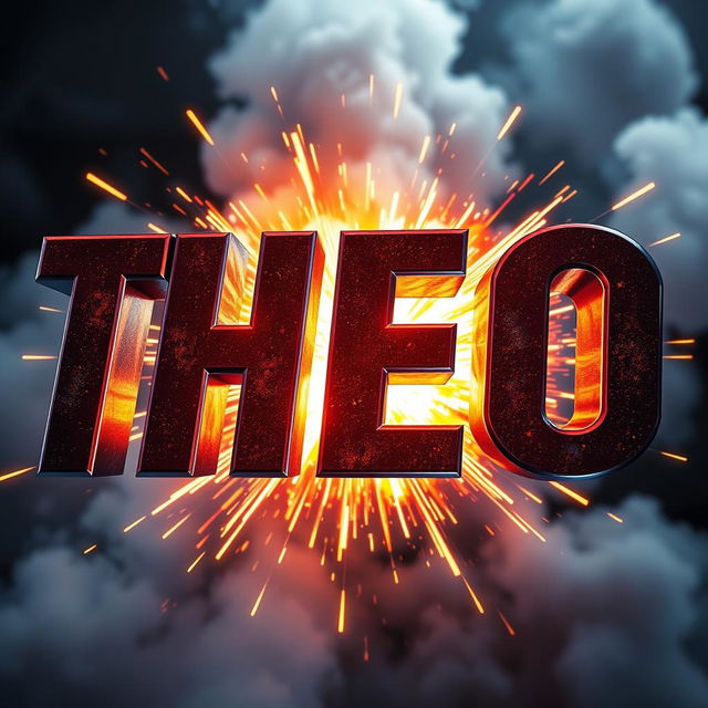 A stunning 3D representation of the word 'THEO', designed to look like it came straight out of an action movie