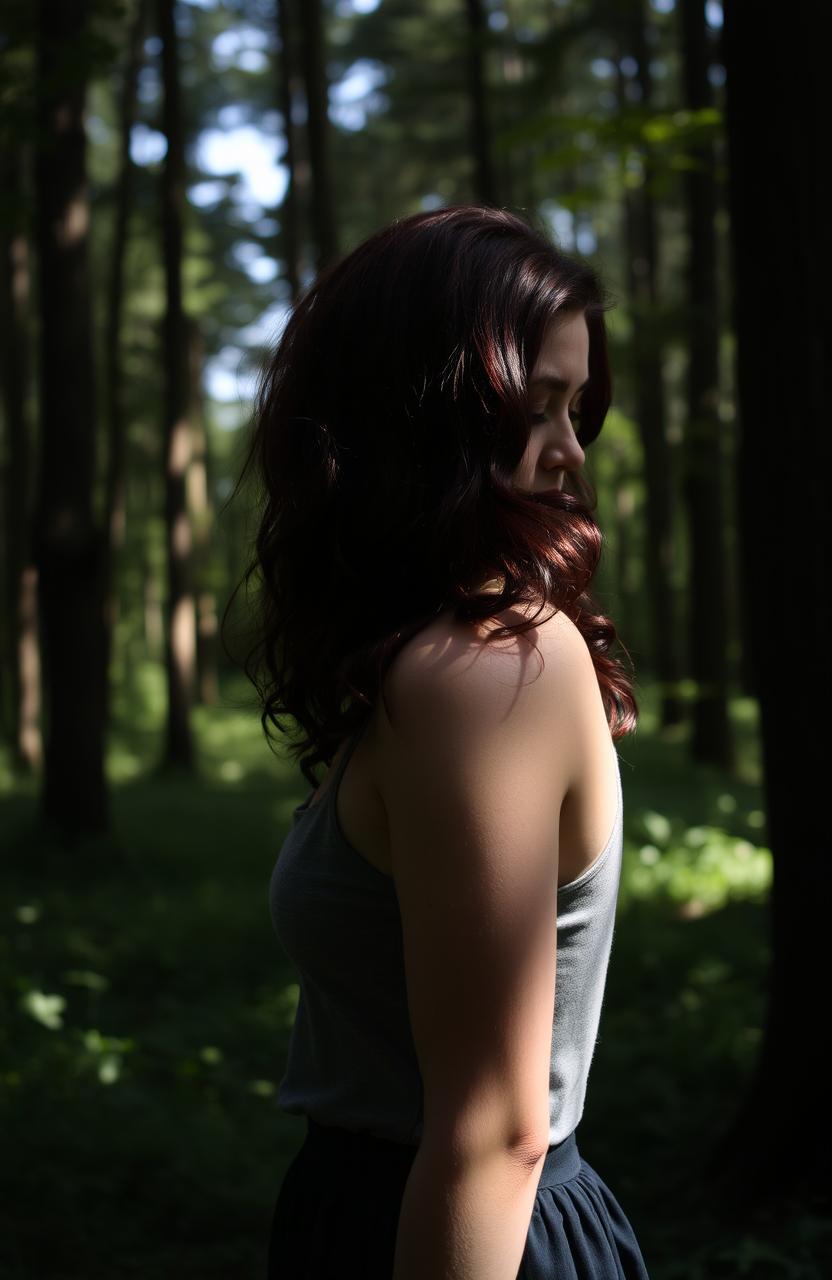 A side view of a woman with striking dark red curls cascading down her shoulders, standing in a lush forest
