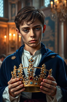 A sorrowful young prince with tears streaming down his face, holding a beautiful, ornate queen's crown in his hands