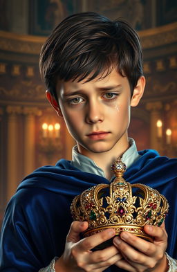 A sorrowful young prince with tears streaming down his face, holding a beautiful, ornate queen's crown in his hands